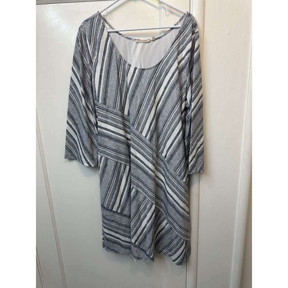Soft Surroundings Sonya Linen Knee Length Dress Size 1X Blue‎ White Boho Plus Sz